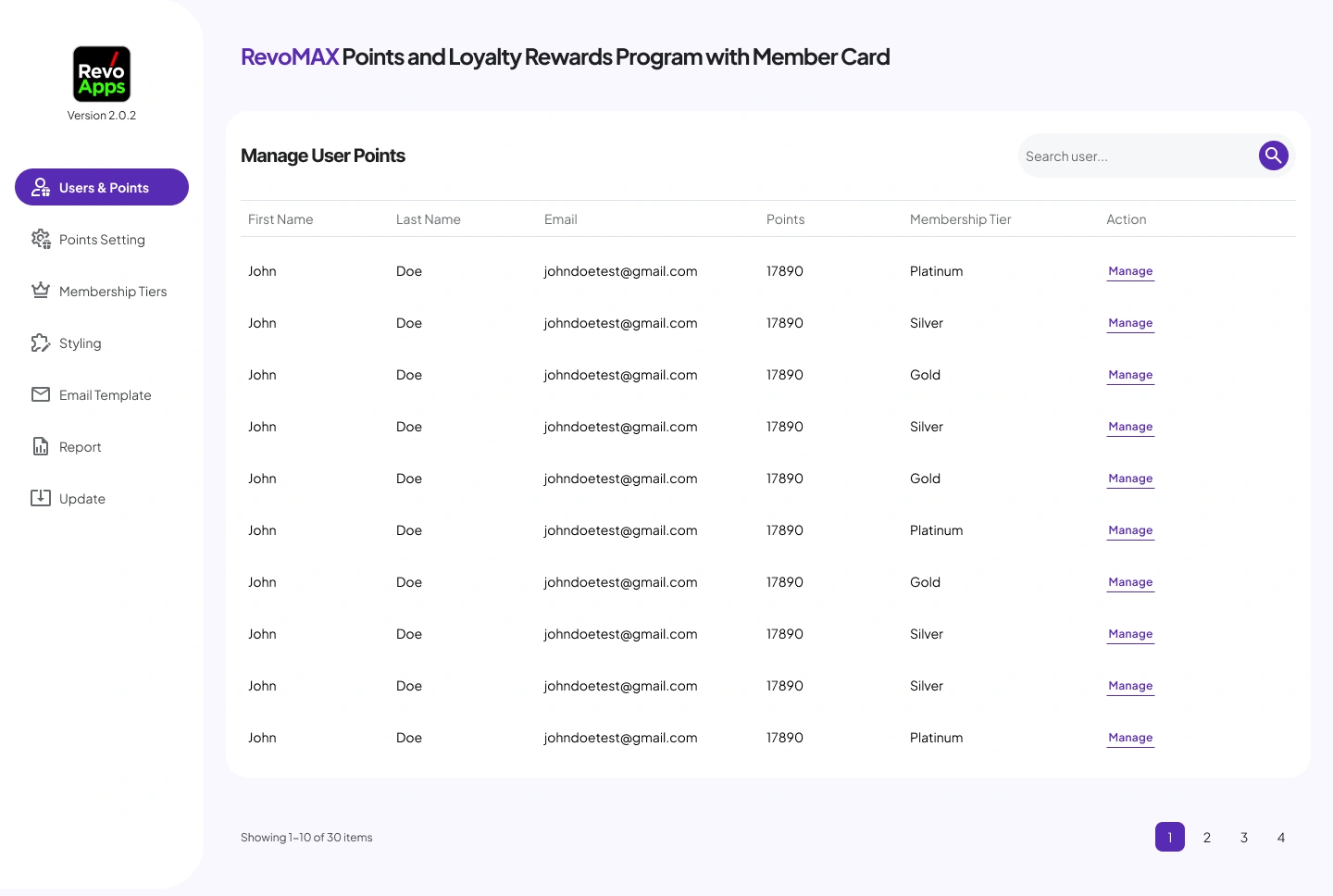 01a - [WP-Admin] RevoMAX Woocommerce Points Plugin - User Points Page Default