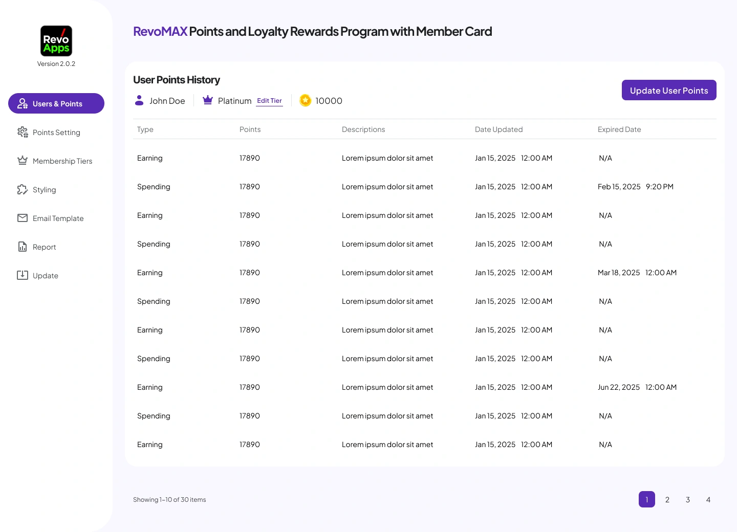 01b - [WP-Admin] RevoMAX Woocommerce Points Plugin - User Points History