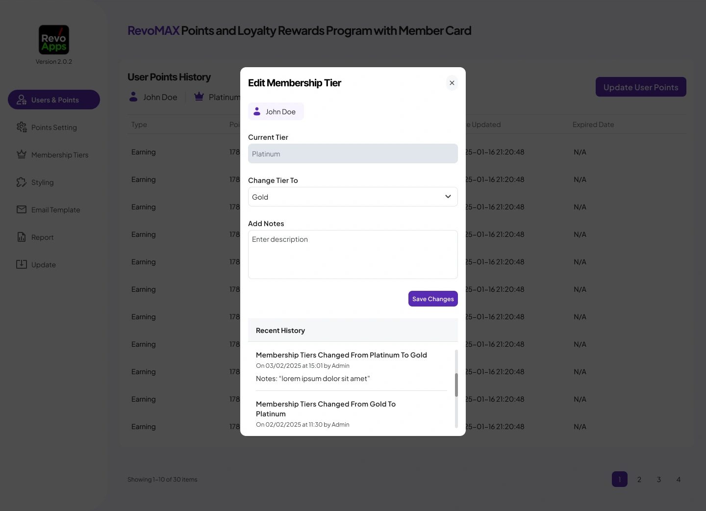 01d - [WP-Admin] RevoMAX Woocommerce Points Plugin - Update Membership Tiers