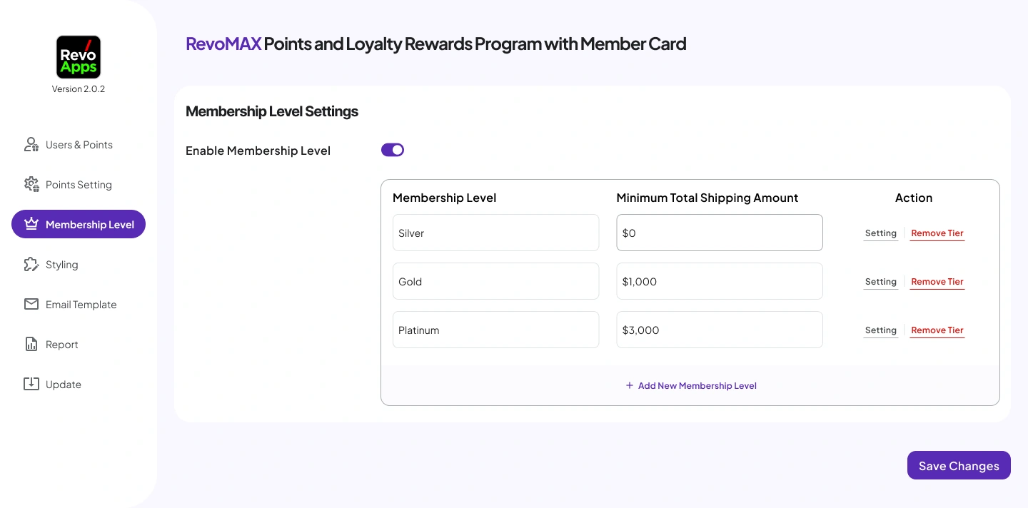 03a - [WP-Admin] RevoMAX Woocommerce Points Plugin - Membership Level Default