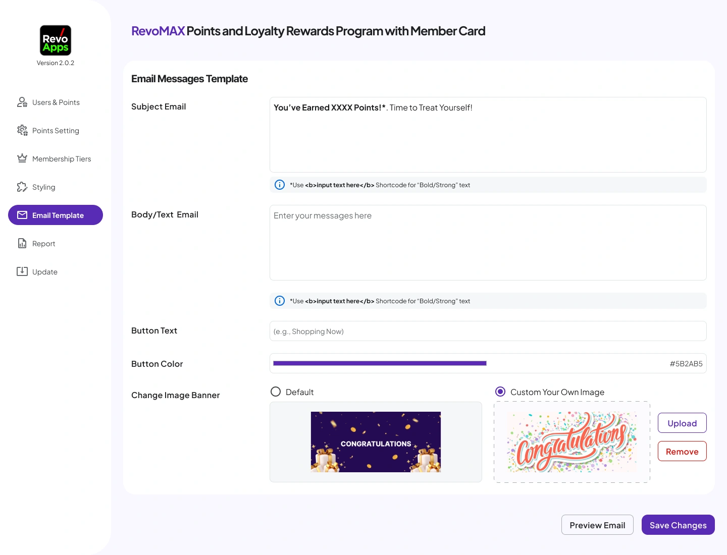 05 - [WP-Admin] RevoMAX Woocommerce Points Plugin - Email Template Page