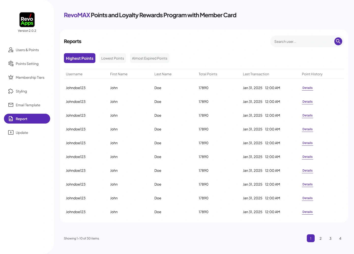 06a - [WP-Admin] RevoMAX Woocommerce Points Plugin - Report Page Highest Points