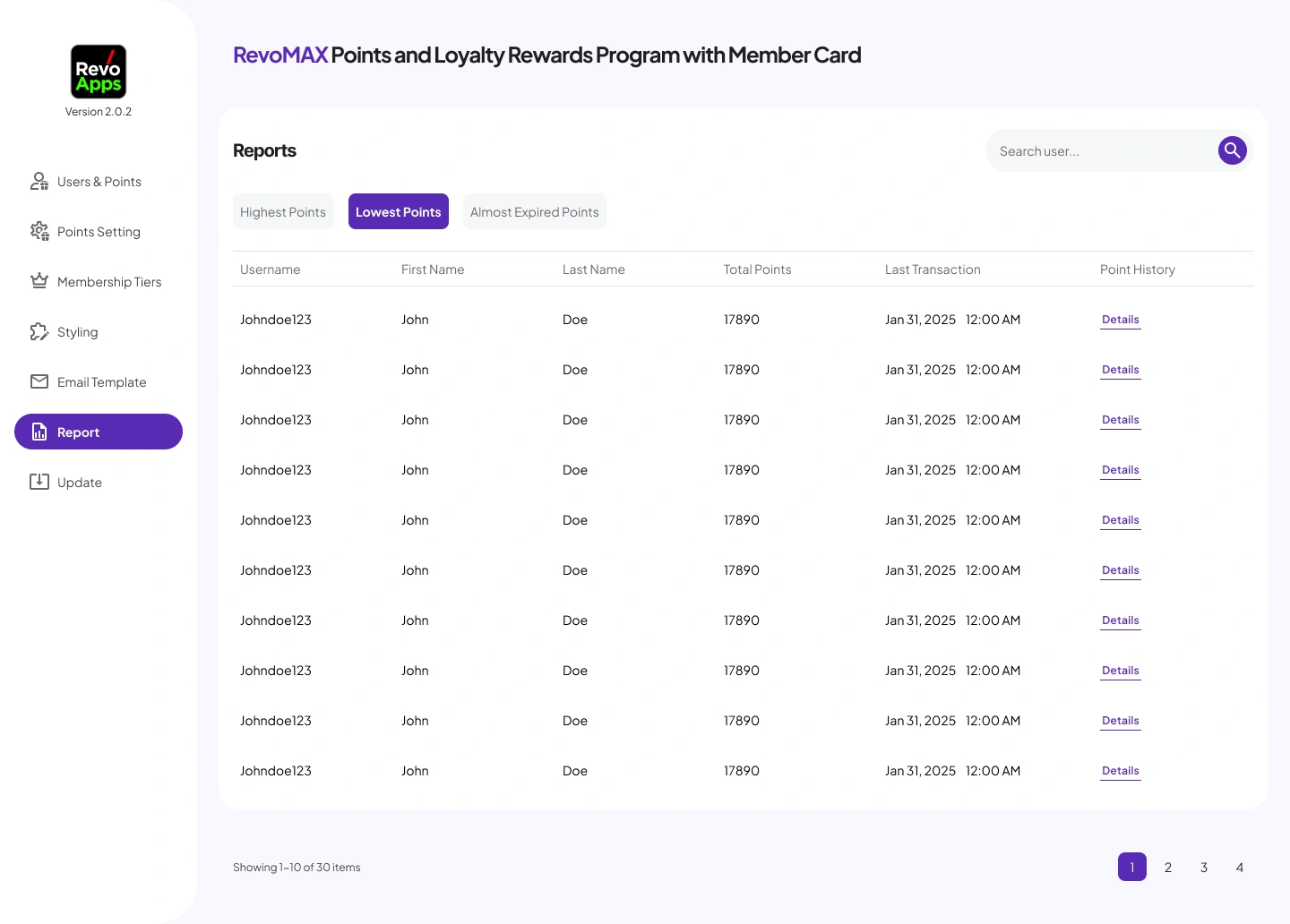 06b - [WP-Admin] RevoMAX Woocommerce Points Plugin - Report Page Lowest Points