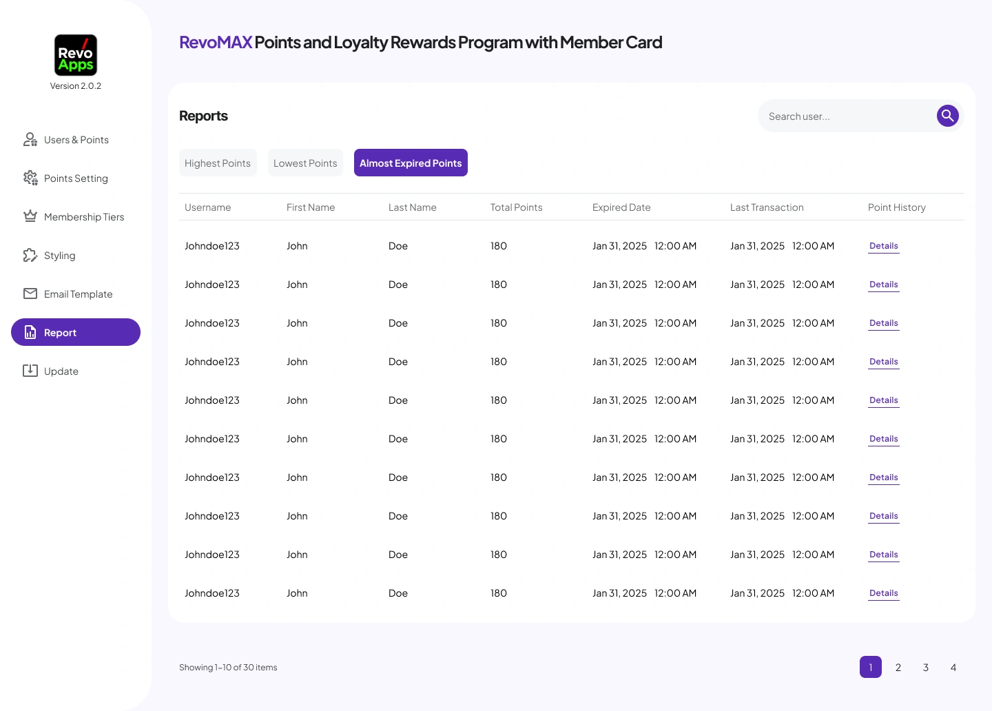 06c - [WP-Admin] RevoMAX Woocommerce Points Plugin - Report Page Almost Expired Points